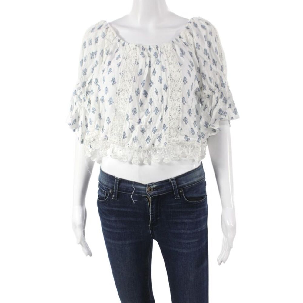 Tularosa Women Cropped Blouse Off Shoulder Paisley Blue Rayon Size XS
